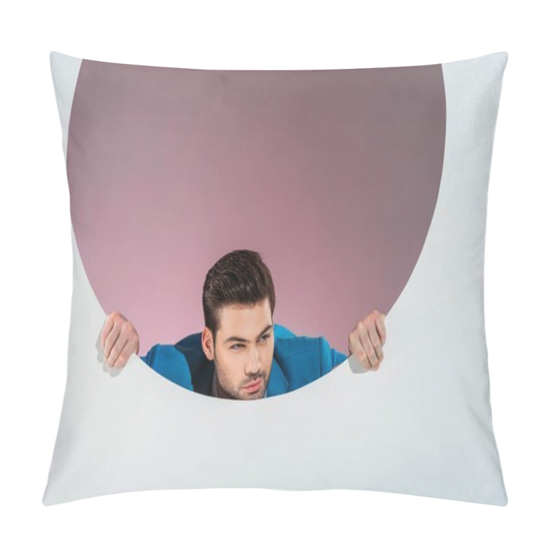 Personality  Stylish Bearded Young Man Looking Through Hole On Grey  Pillow Covers