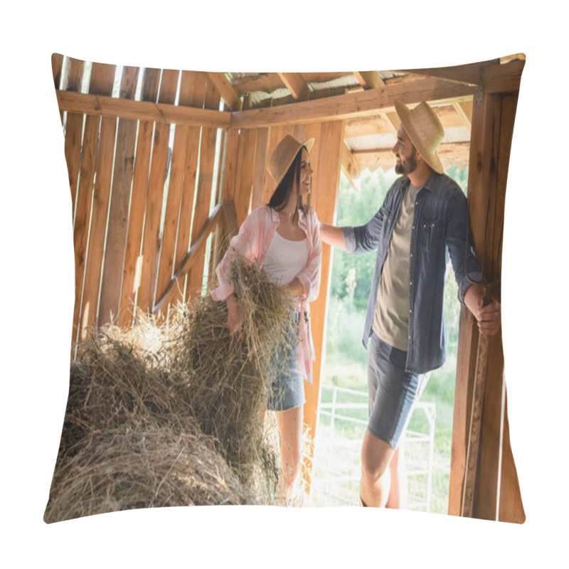 Personality  Bearded Farmer In Straw Hat Talking To Smiling Wife Stacking Hey In Barn Pillow Covers