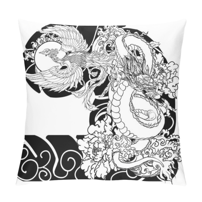 Personality  Japanese Tattoo Design Full Back Body.The Dragon And Phoenix Fire Bird With Peach Juice And Peony Flower,cherry Blossom,peach Blossom On Cloud Background.Phoenix Fire Bird With Old Dragon Vector. Pillow Covers