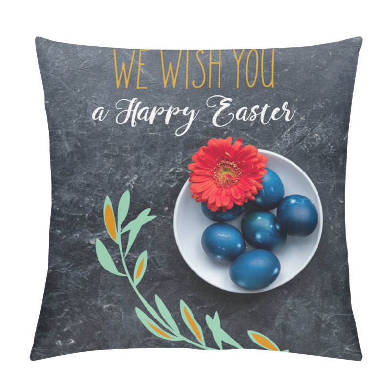 Personality  Painted Chicken Eggs On Plate With Happy Easter Lettering On Dark Background Pillow Covers