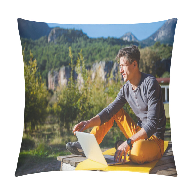 Personality  Freelancer Working On Computer Over The Mountain Landscape Pillow Covers