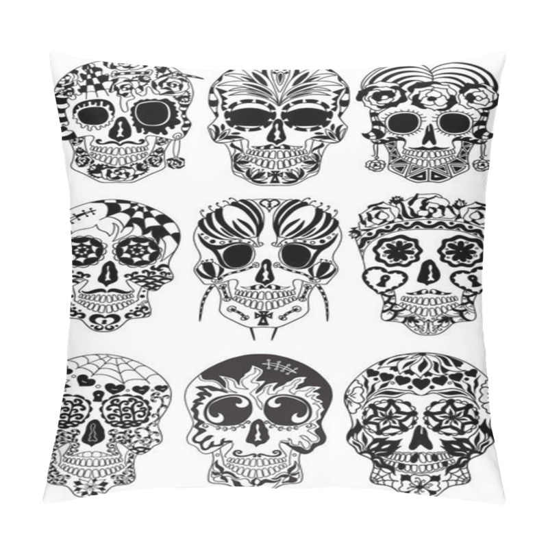 Personality  Mexican Holiday Day Of The Dead Celebration Festival And Halloween. Sugar Skulls Set  For Poster, Card, Print, Emblem, Sign, Tattoo, T-shirt, Background.  Black And White Vector Illustration. Pillow Covers