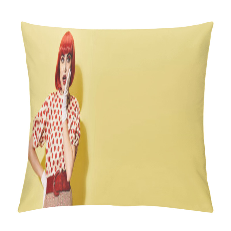 Personality  A Pretty Redhead Woman With Creative Makeup And A Polka Dot Blouse Stands In Front Of A Vibrant Yellow Wall. Pillow Covers