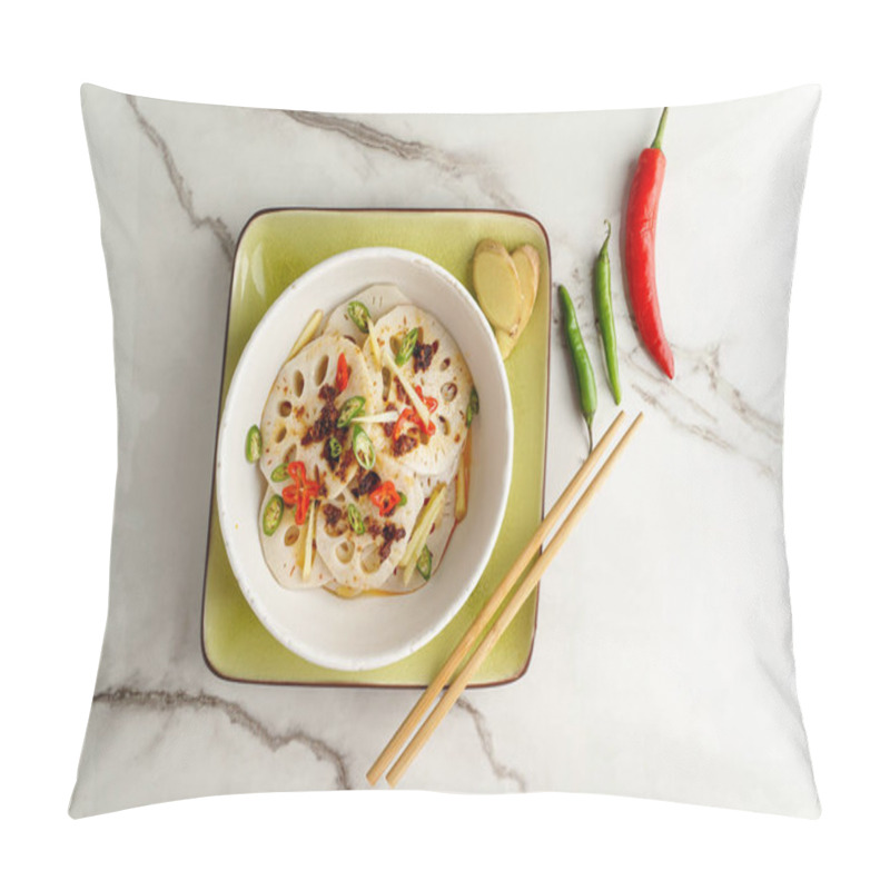 Personality  Spicy Lotus Root Salad On The White Stone Background, Asian Food Pillow Covers