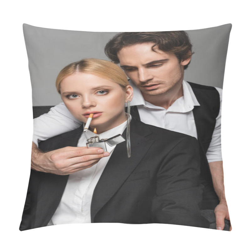 Personality  Young Blonde Woman Looking At Camera While Stylish Man Lightening Her Cigarette Isolated On Grey Pillow Covers