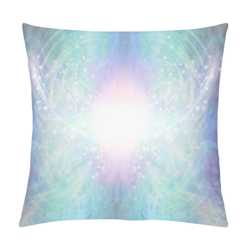 Personality  Sacred Spiritual Healing Light Background - Shimmering Sparkling Brilliant White Light Centre With An Intricate Blue Green Energy Form Radiating Outwards And Upwards Pillow Covers