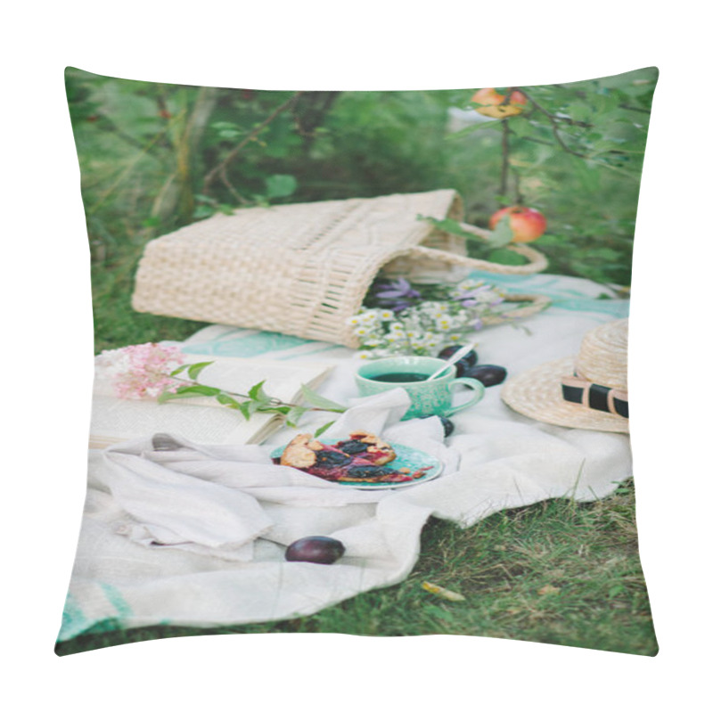 Personality  Picnic Wicker Basket With Food On On The Grass. Picnic Concept. Pillow Covers