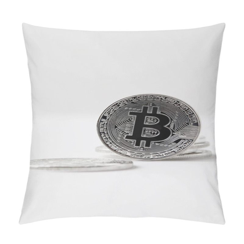 Personality  Close-up Shot Of Bitcoin Standing On White Tabletop Pillow Covers