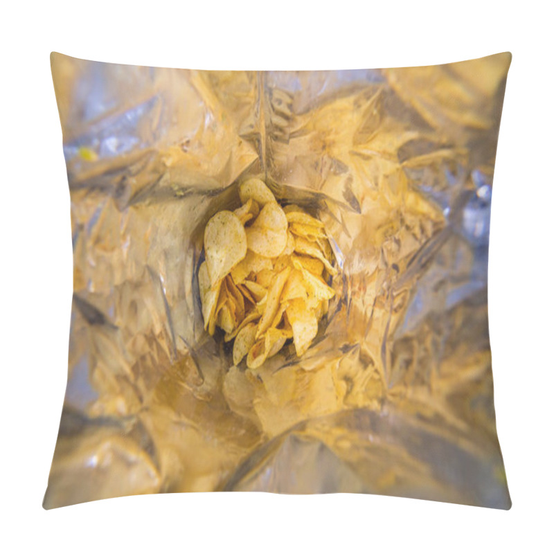 Personality  Close-up View Inside Of A Big Silver Bag Of Potato Chips With Selective Focus Pillow Covers