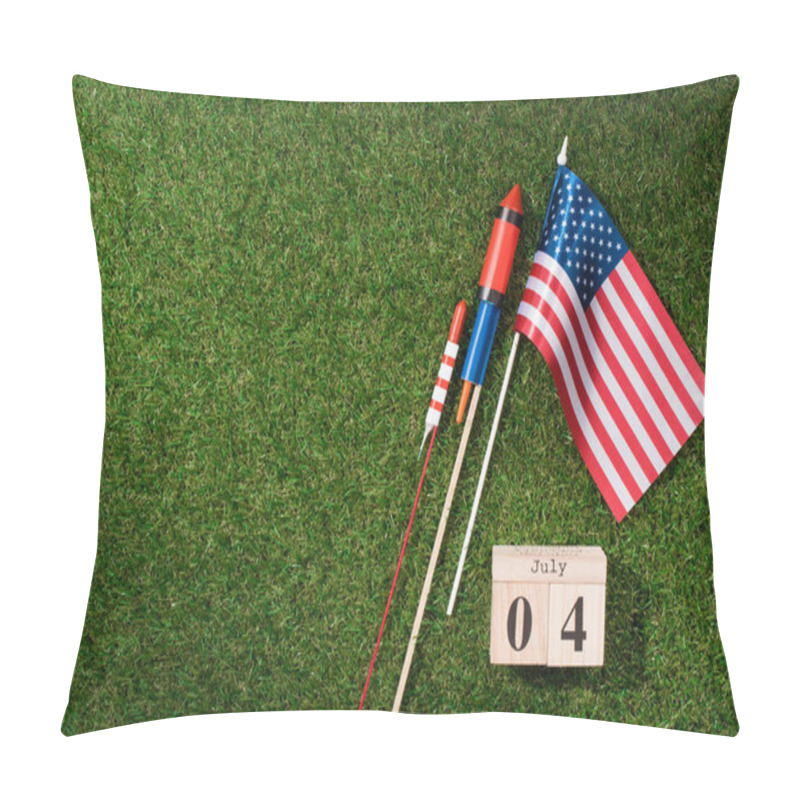 Personality  Flat Lay With American Flagpole, Wooden Calendar With 4th July Date And Fireworks On Green Grass, Americas Independence Day Concept Pillow Covers