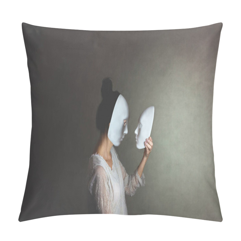 Personality  Woman With Mask Looks At Another Mask Of Herself, Concept Of Introspection Pillow Covers