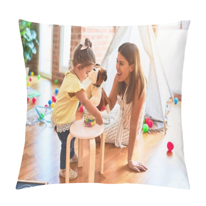 Personality  Young Beautiful Teacher Playing With Dog Doll And Toddler Holding Jar Of Chocolate Balls At Kindergarten Pillow Covers