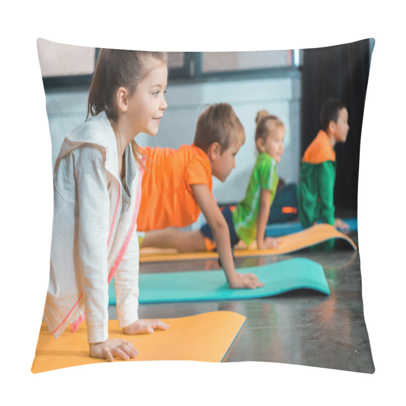 Personality  Selective Focus Of Multicultural Children Doing Asana On Yoga Mats Pillow Covers