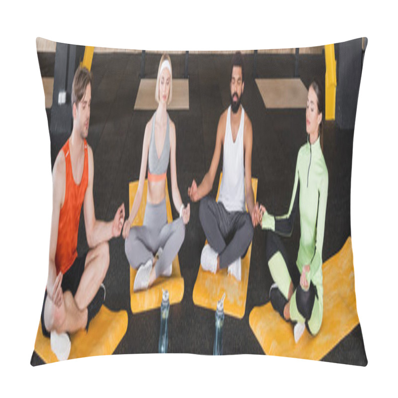 Personality  Young Interracial People In Sportswear Meditating In Lotus Pose, Banner Pillow Covers