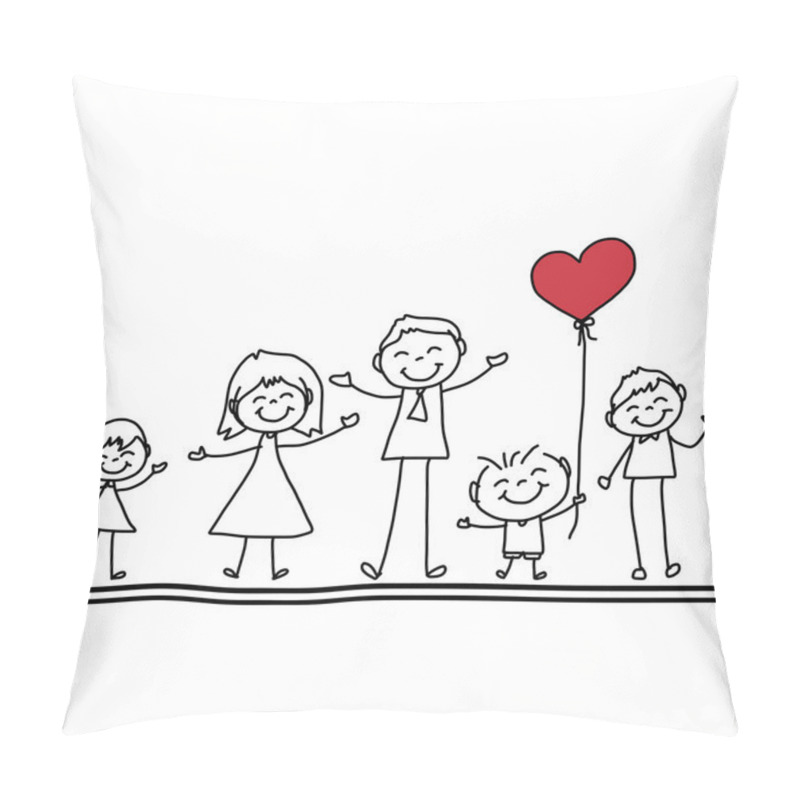 Personality  Hand Drawing Cartoon Of  Happy Family With Red Heart Pillow Covers