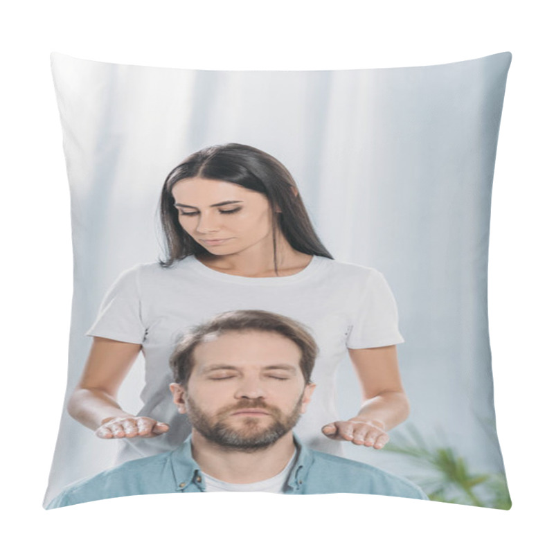 Personality  Young Woman Doing Reiki Therapy Session To Bearded Calm Man With Closed Eyes Pillow Covers