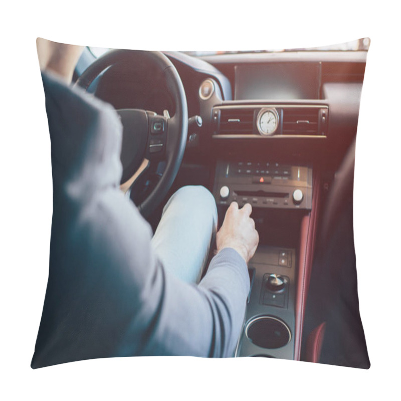 Personality  Cropped View Of Man Sitting In Modern Automobile And Holding Manual Transmission Pillow Covers