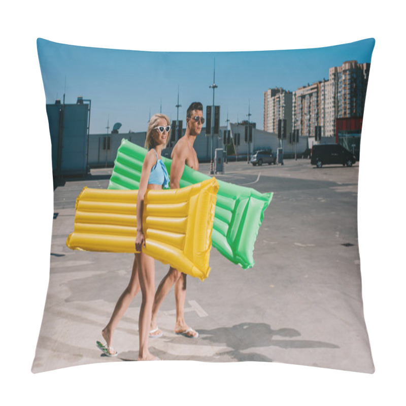 Personality  Young Couple In Beach Clothes With Inflatable Beds Walking On Parking Pillow Covers