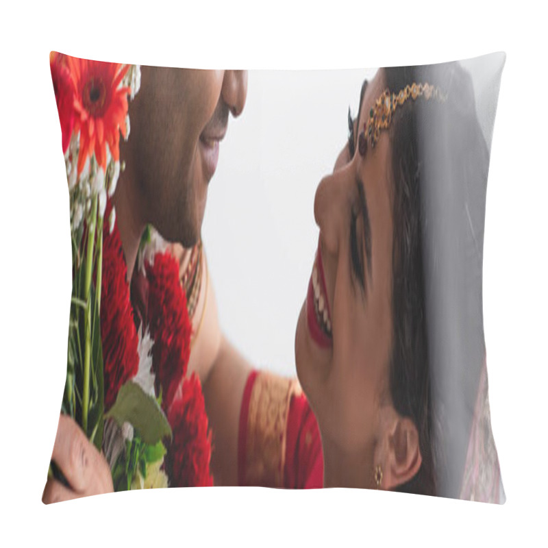 Personality  Happy Indian Bride With Mehndi Holding Flowers And Hugging Man Isolated On White, Banner Pillow Covers