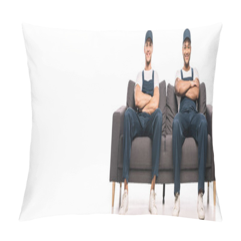 Personality  Full Length Of Cheerful Multicultural Movers Sitting On Sofa With Crossed Arms And Smiling On While, Banner Pillow Covers