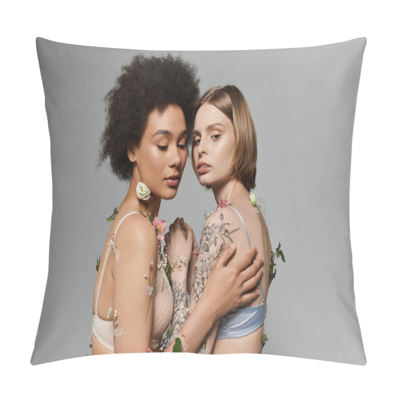 Personality  A Loving Couple Embraces, Adorned With Floral Accents, Celebrating Their Bond. Pillow Covers