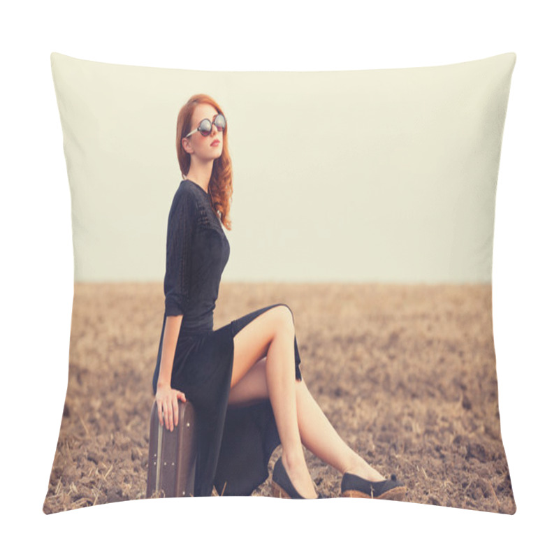 Personality  Fashion Redhead Women With Suitcase At Autumn Field Pillow Covers