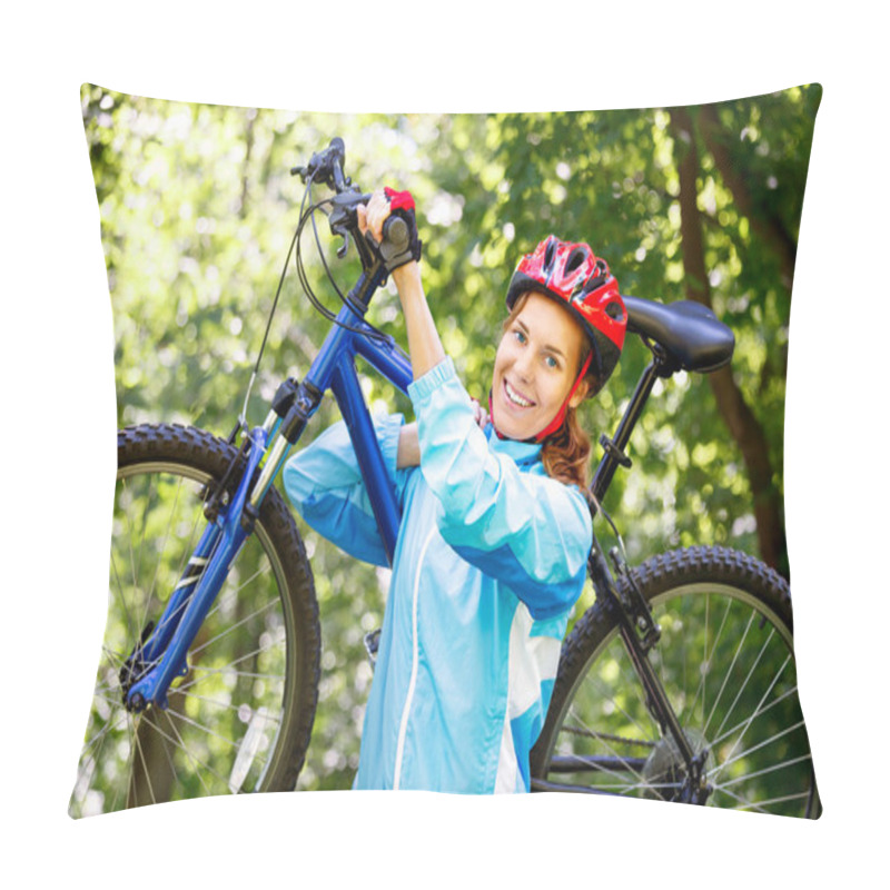 Personality  Portrait Of Young Woman With Mountain Bike On Shoulder. Pillow Covers