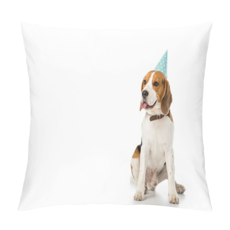 Personality  Beagle Dog In Party Cone Sticking Tongue Out Isolated On White Pillow Covers