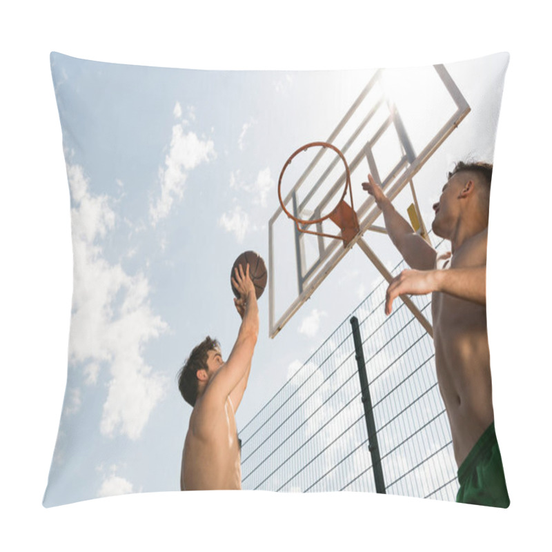 Personality  Two Sexy Shirtless Sportsmen Playing Basketball Under Blue Sky At Basketball Court Pillow Covers