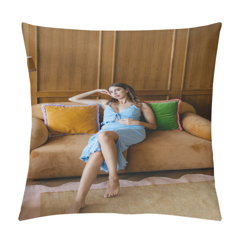 Personality  Beautiful Young Woman Wearing Blue Dress In Retro Room. High Quality Photo Pillow Covers