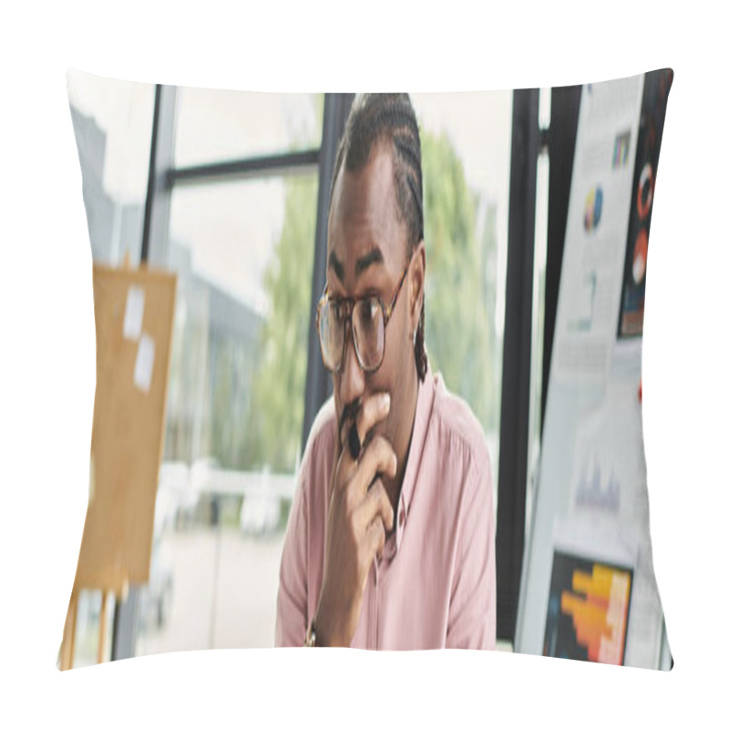 Personality  Young Man Works Remotely In A Modern Office, Deep In Thought About His Project. Pillow Covers