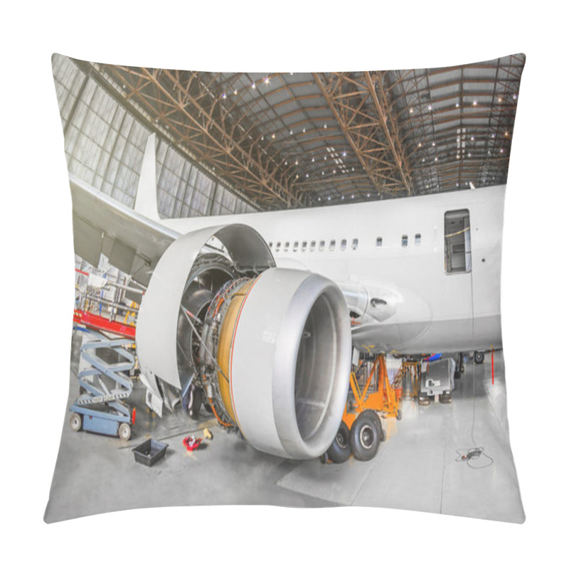 Personality  Passenger Aircraft On Maintenance Of Engine And Fuselage Repair In Airport Hangar. View Airplane Engine Pillow Covers