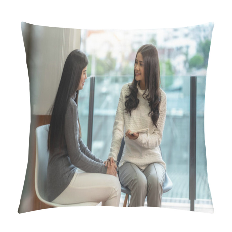 Personality  Asian Woman Professional Psychologist Doctor Giving The Consult To Female Patients In Modern Living Room Of House Or Hospital Exam Room, Mental Health Concept Pillow Covers