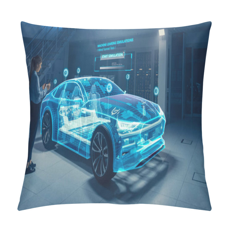 Personality  Female Automotive Engineer Uses Digital Tablet With Augmented Reality For Car Design Analysis And Improvement. 3D Graphics Visualization Shows Fully Developed Vehicle Prototype Analysed And Optimized Pillow Covers