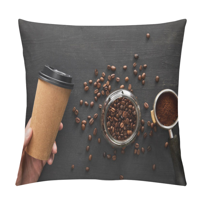 Personality  Top View Of Hand With Paper Cup Under Dark Wooden Surface With Glass Jar And Portafilter Pillow Covers