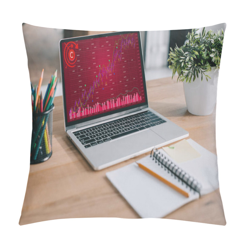 Personality  Laptop With Red Business Graph Standing At Workspace Pillow Covers