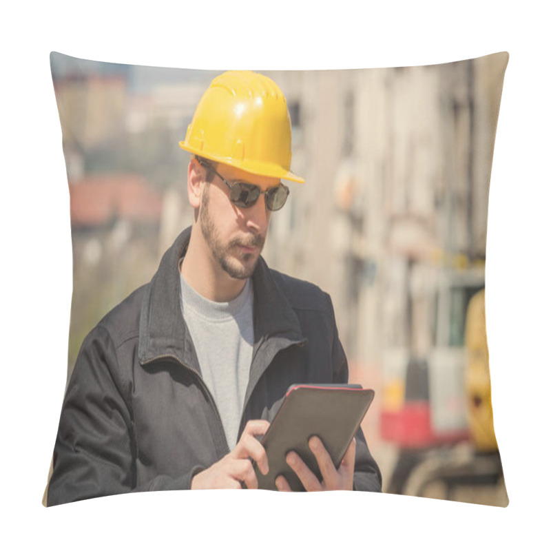 Personality  Builder With Digital Tablet Posing On A Heavy Construction Site. Pillow Covers