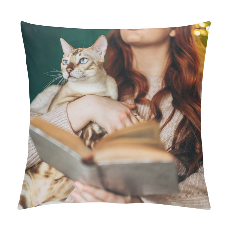 Personality  Love For Cats. A Woman Sits In A Chair At Home And Holds Her Beloved Bengal Cat In Her Arms. Reads A Book With A Cat In Her Arms. Pillow Covers