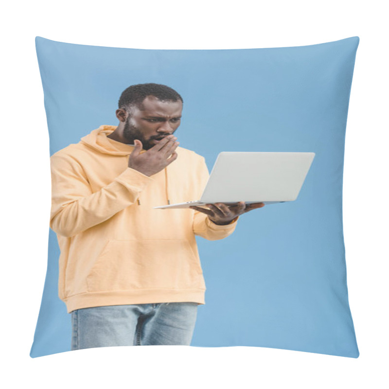 Personality  Shocked African American Man Closing Mouth By Hand And Looking At Laptop Isolated On Blue Background Pillow Covers