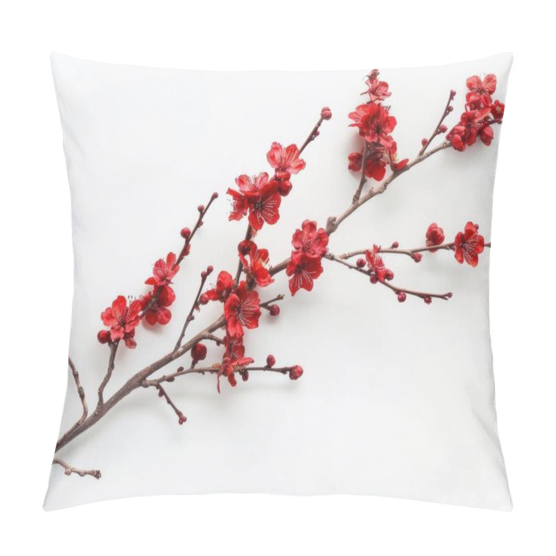 Personality  Vibrant Red Cherry Blossom Branch Showcasing Delicate Petals Against A White Backdrop. Pillow Covers