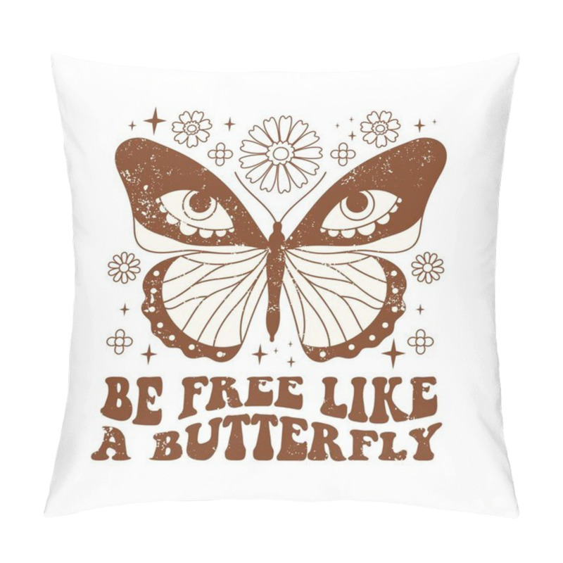 Personality  Retro Groovy Monochrome Butterfly Graphic Print Design. Typography Be Free Like A Butterfly With Star And Flowers. Magic Vibes Hallucinogen Design. Naive Vector Illustration For Postcard, Poster, T Shirt Print, Sticker Etc. Pillow Covers