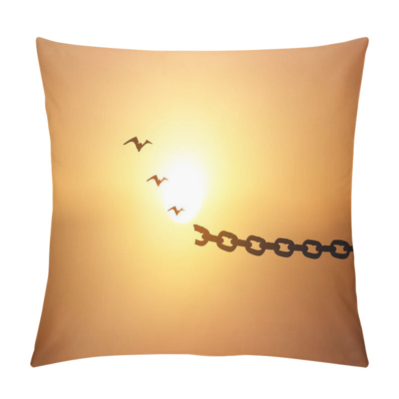 Personality  Chains Breaking And Free Birds That Flies Away At Sunset Background. Pillow Covers