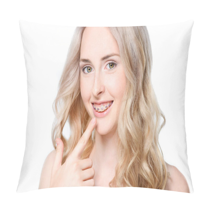 Personality  Woman Pointing To Teeth With Braces Pillow Covers