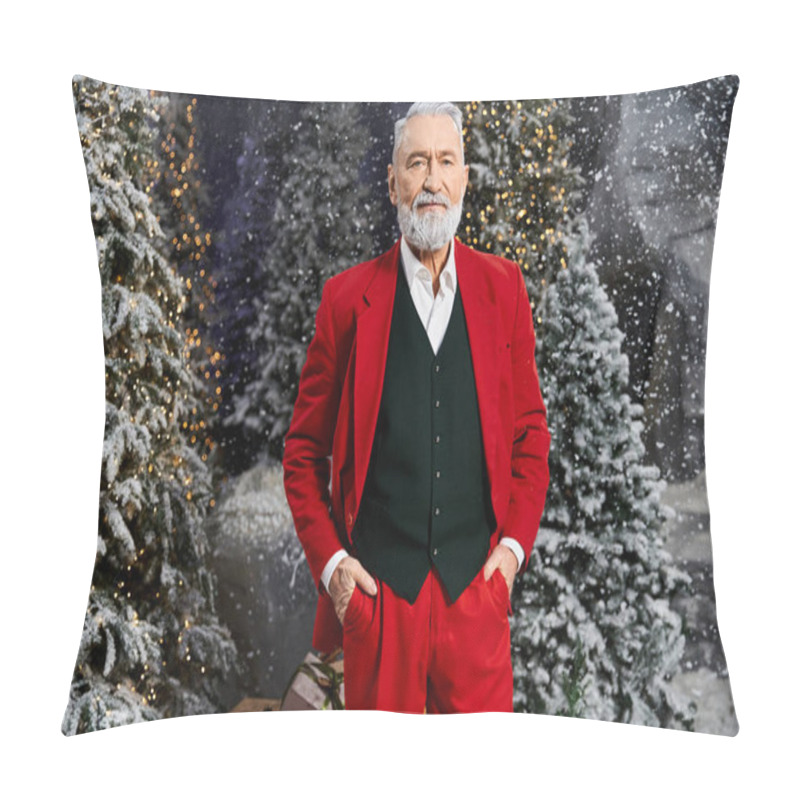 Personality  A Distinguished Man In Red And Green Joyfully Poses Among Snowy Evergreens For Christmas. Pillow Covers