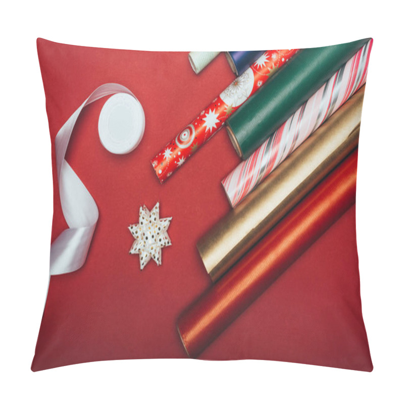 Personality  Top View Of Wrapping Paper Rolls, Ribbon And Bows On Red Pillow Covers