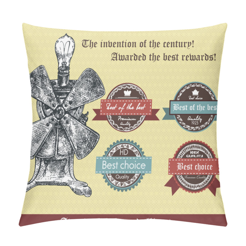 Personality  The Invention Of The Century. Awarded The Best Rewards.Awards Labels Medallions. Vector Retro Illustration Pillow Covers