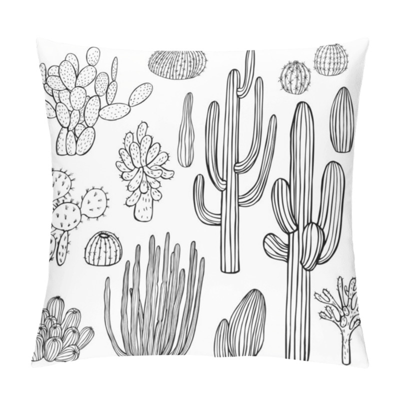 Personality  Desert Plants, Cacti. Vector Sketch  Illustration. Pillow Covers