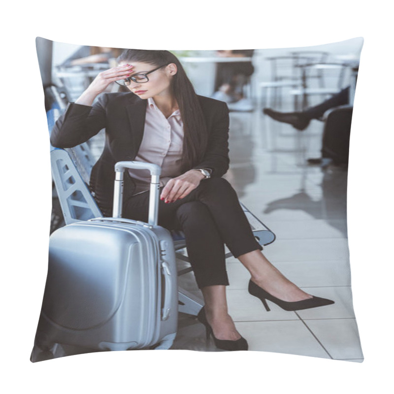 Personality  Exhausted Businesswoman Sitting In Departure Lounge At Airport Pillow Covers