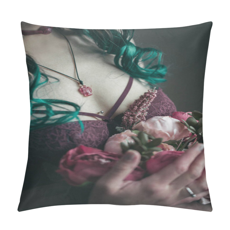 Personality  Vintage Photography. Informal Girl With Green Hair In Burgundy Linen With Ruffles And A Bouquet Of Flowers In Hand. Retro Style. Beautiful Female With A Bra Pillow Covers