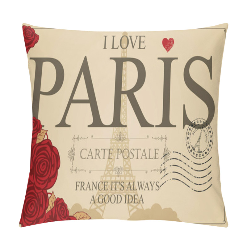 Personality  Retro Postcard With The Famous French Eiffel Tower In Paris, France. Vector Postcard In Vintage Style With Words I Love Paris, French Landmark, Red Heart And Roses And Rubber Stamp Pillow Covers